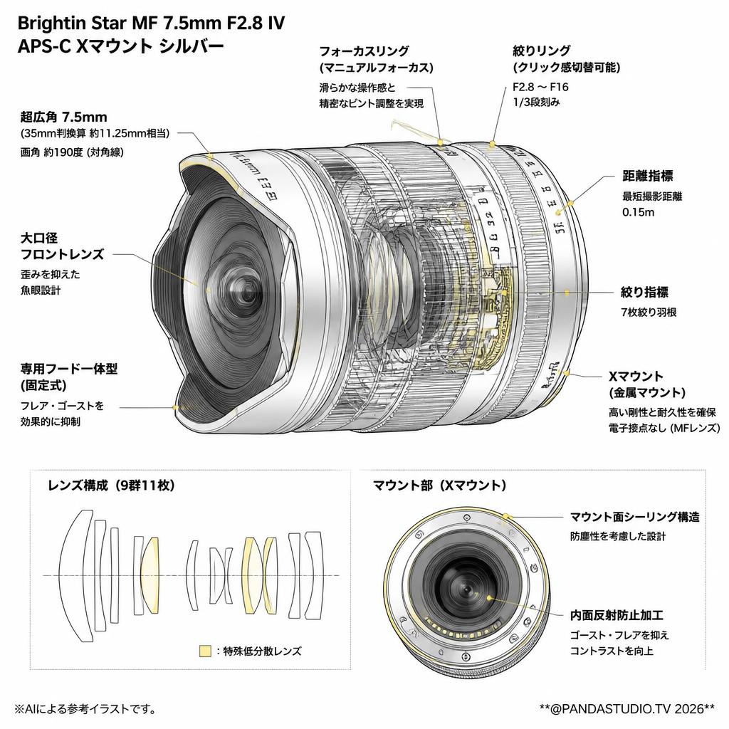 Brightin Star MF 7.5mm F2.8 IV APS-C Xマウント シルバー スペック