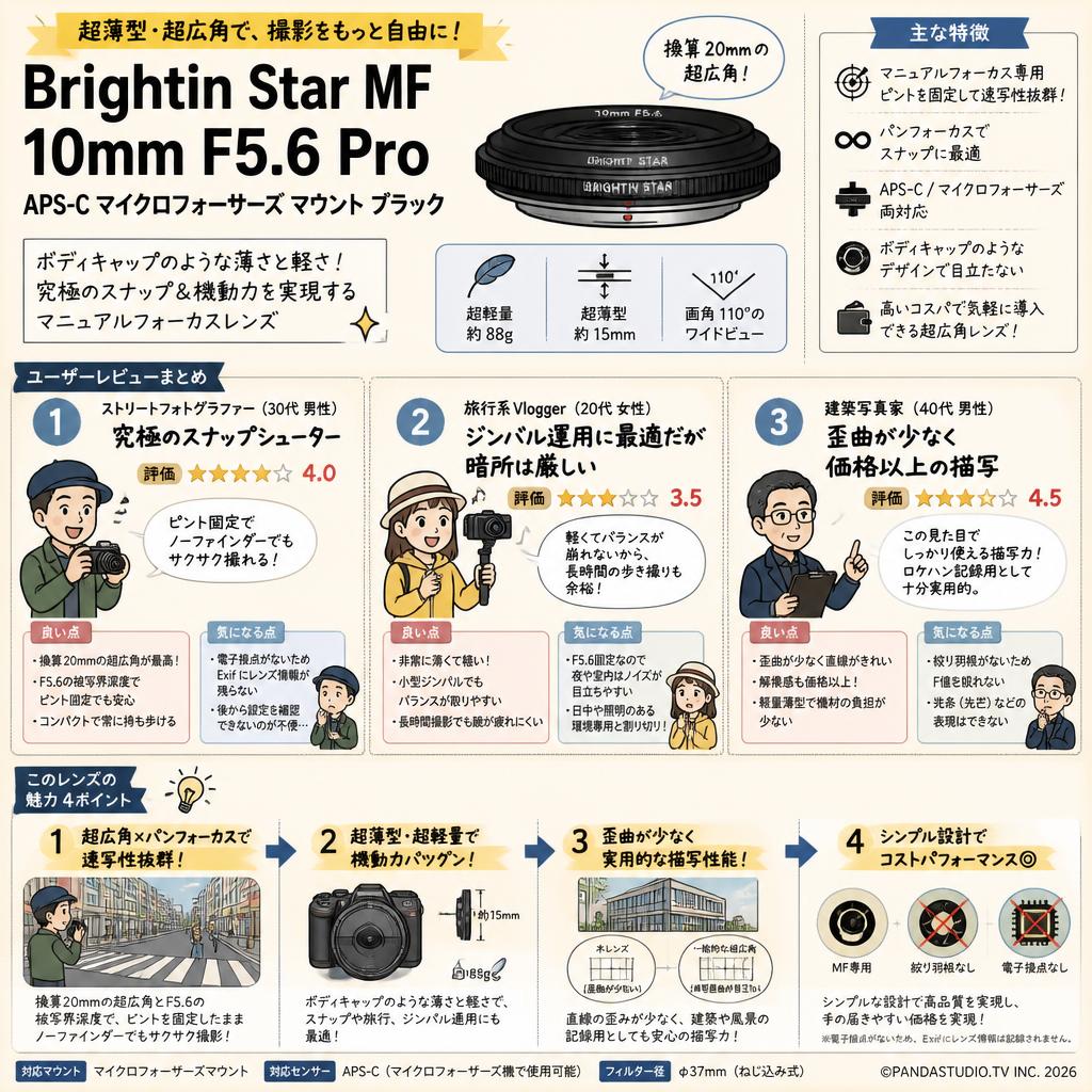 Brightin Star MF 10mm F5.6 Pro APS-C マイクロフォーサーズ マウント ブラック インターネット上のお客様の声（評判）
