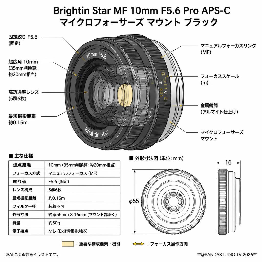 Brightin Star MF 10mm F5.6 Pro APS-C マイクロフォーサーズ マウント ブラック スペック