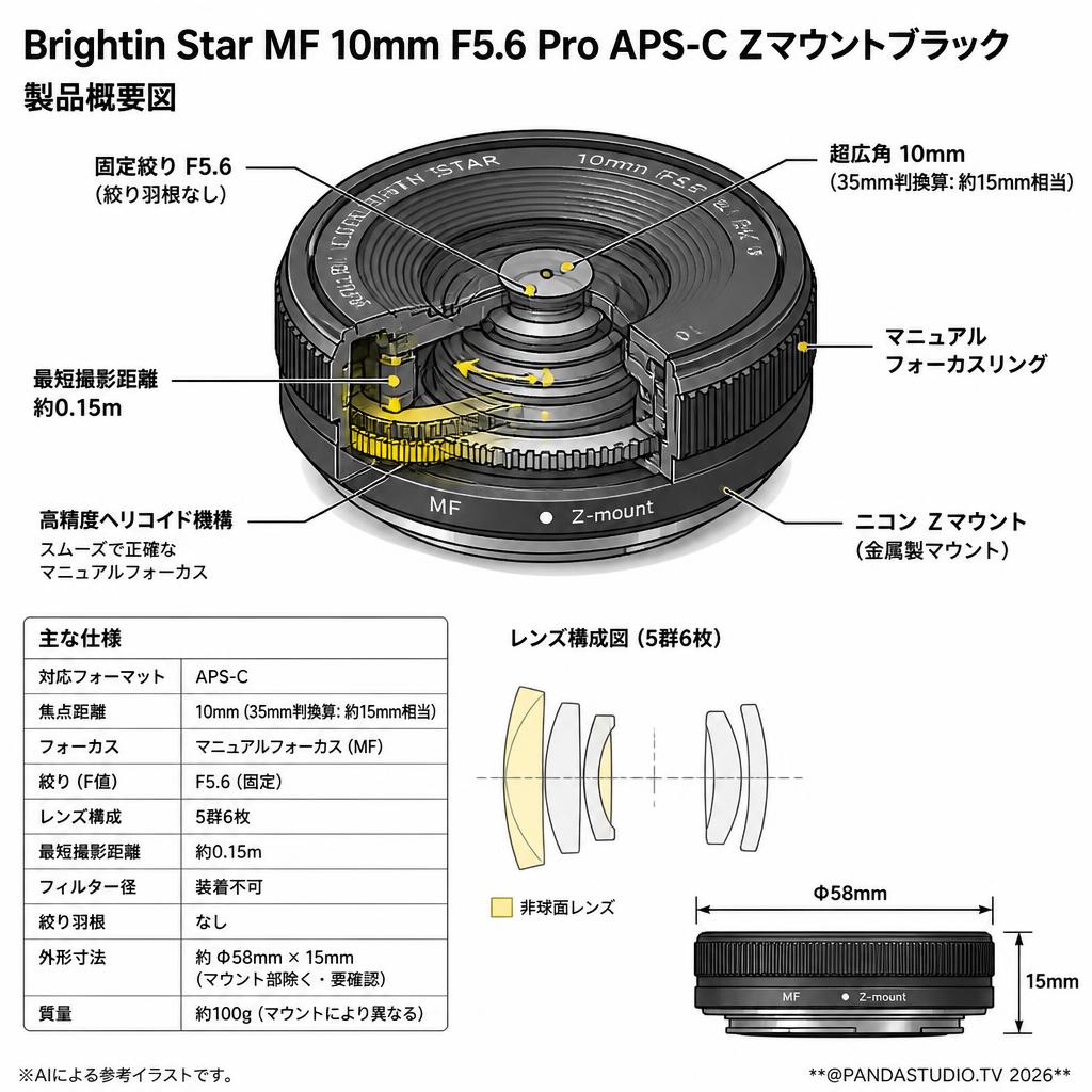 Brightin Star MF 10mm F5.6 Pro APS-C Zマウントブラック スペック