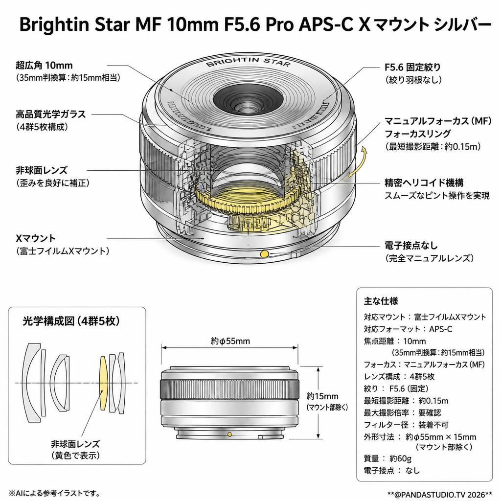 Brightin Star MF 10mm F5.6 Pro APS-C Xマウント シルバー スペック