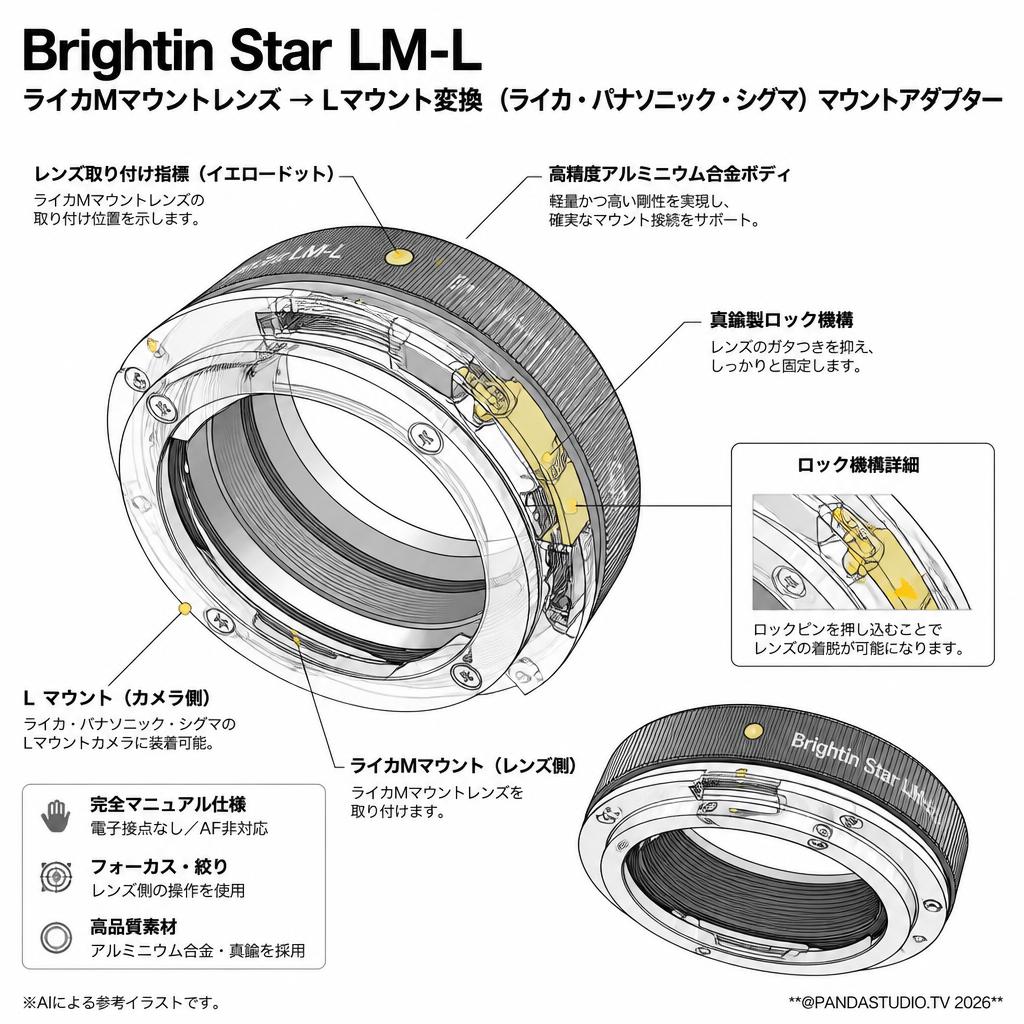 Brightin Star LM-L ライカMマウントレンズ → Lマウント変換（ライカ・パナソニック・シグマ）マウントアダプター スペック
