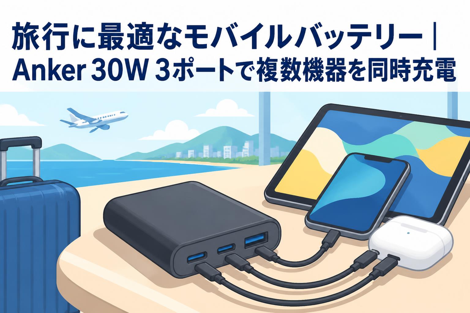 旅行に最適なモバイルバッテリー｜Anker 30W 3ポートで複数機器を同時充電