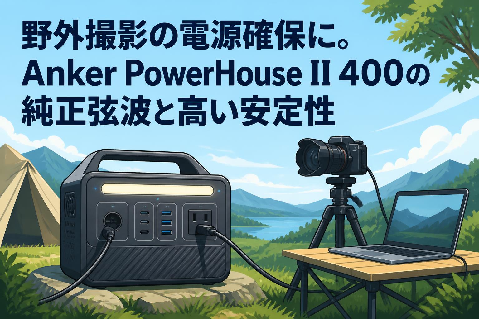 野外撮影の電源確保に。Anker PowerHouse II 400の純正弦波と高い安定性