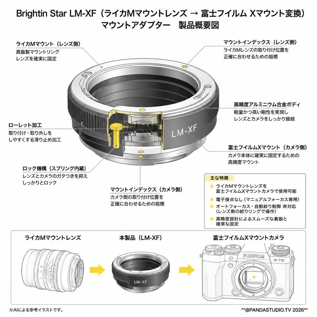 Brightin Star LM-XF（ライカMマウントレンズ → 富士フイルム Xマウント変換）マウントアダプター スペック