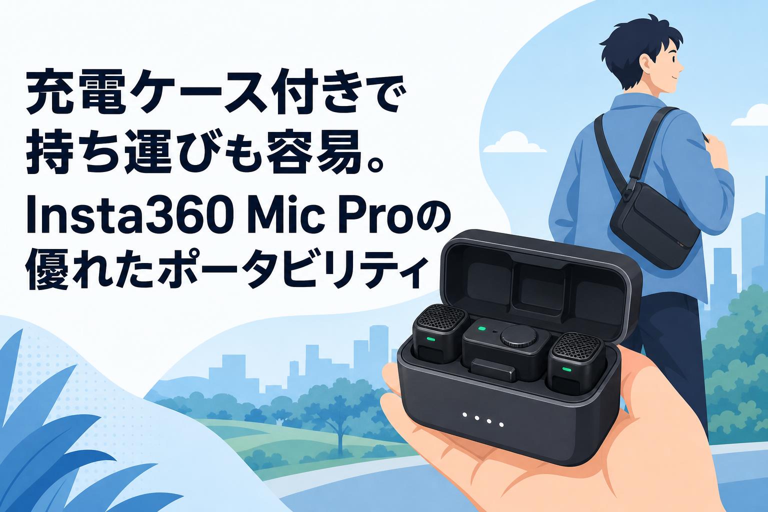 充電ケース付きで持ち運びも容易。Insta360 Mic Proの優れたポータビリティ
