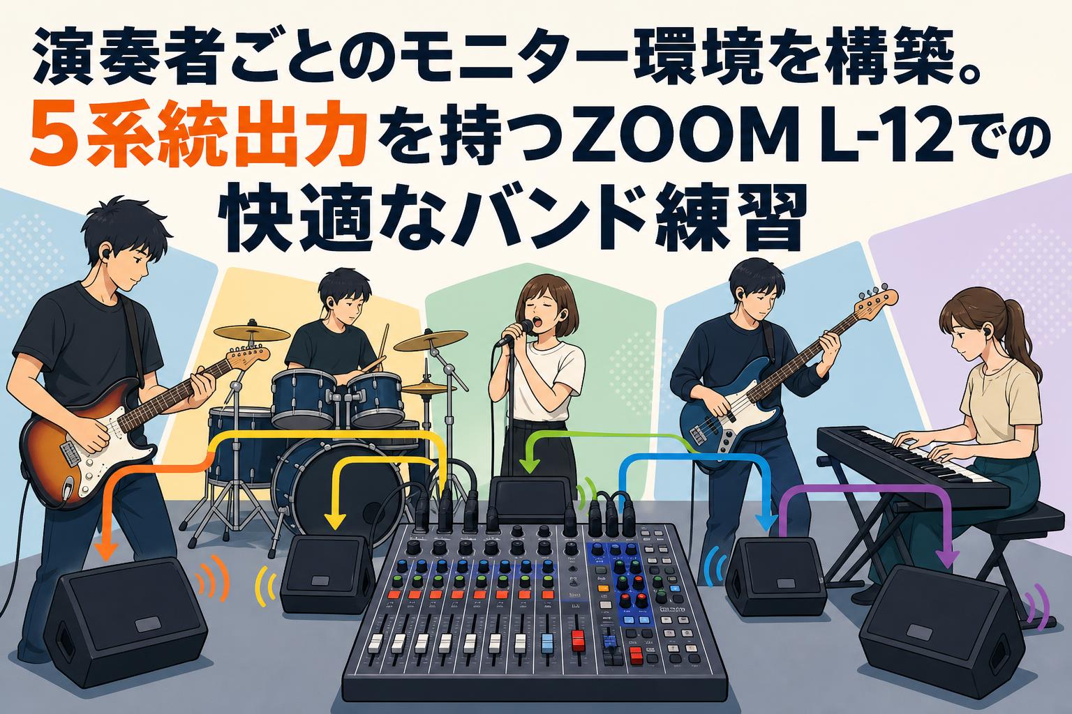 演奏者ごとのモニター環境を構築。5系統出力を持つZOOM L-12での快適なバンド練習