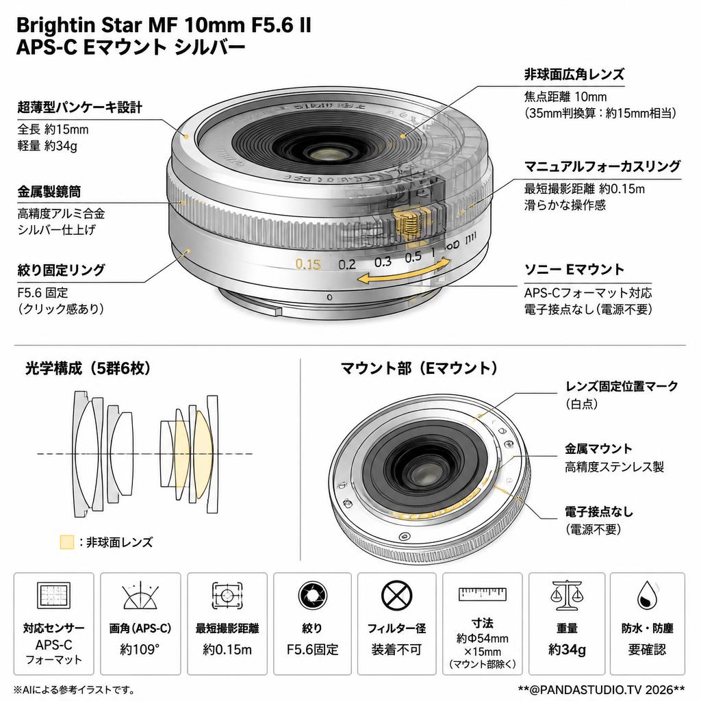 Brightin Star MF 10mm F5.6 II APS-C Eマウント シルバー スペック