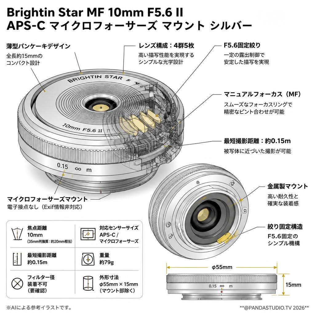 Brightin Star MF 10mm F5.6 II APS-C マイクロフォーサーズ マウント シルバー スペック