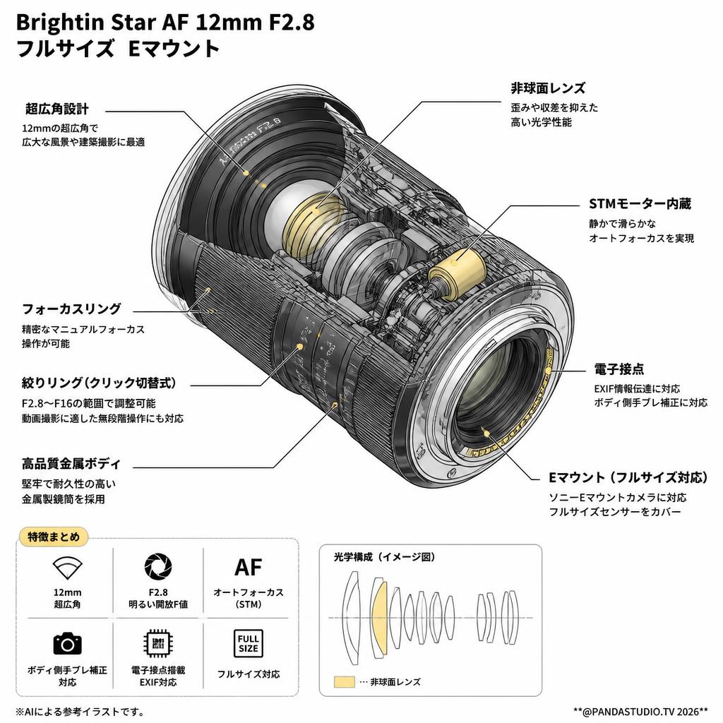 Brightin Star AF 12mm F2.8 フルサイズ  Eマウント スペック
