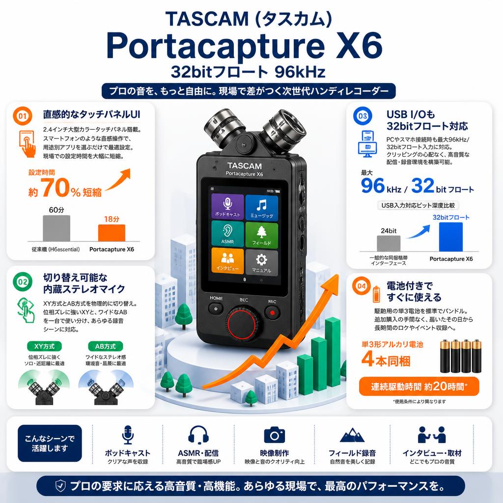 TASCAM (タスカム) Portacapture X6 32bitフロート 96kHz セールスポイント