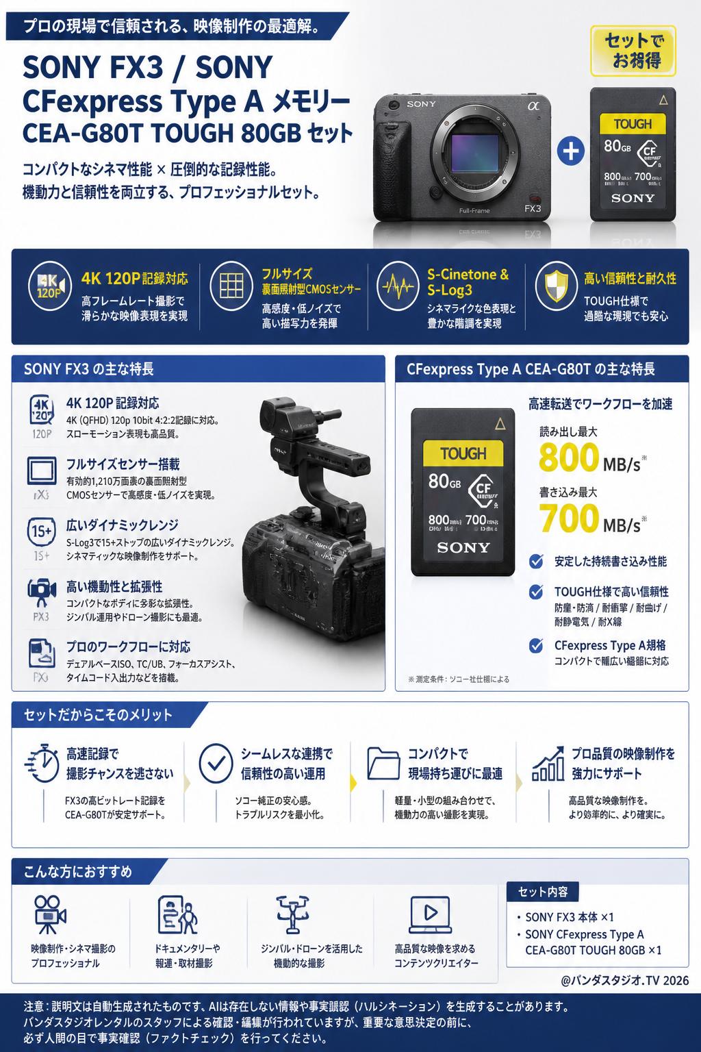 SONY FX3 / SONY CFexpress Type A メモリー CEA-G80T TOUGH 80GB セット 関連商品・競合製品