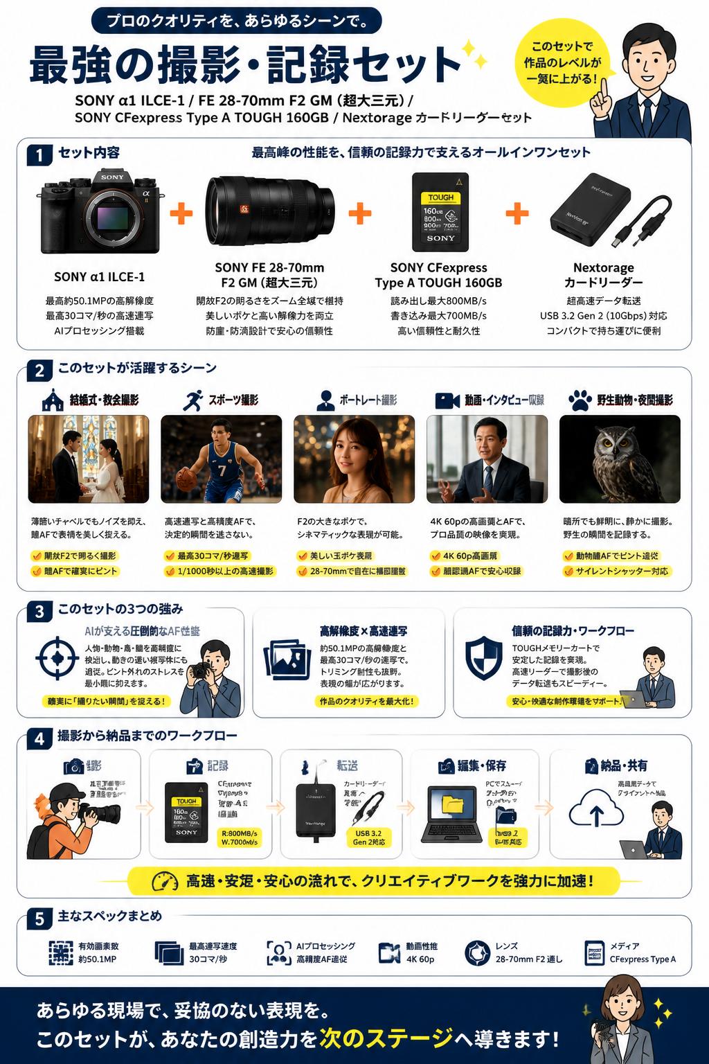 SONY α1 ILCE-1 / SONY FE 28-70mm F2 GM SEL2870GM（超大三元）/ SONY CFexpress Type A TOUGH 160GB / Nextorage カードリーダーセット 用途
