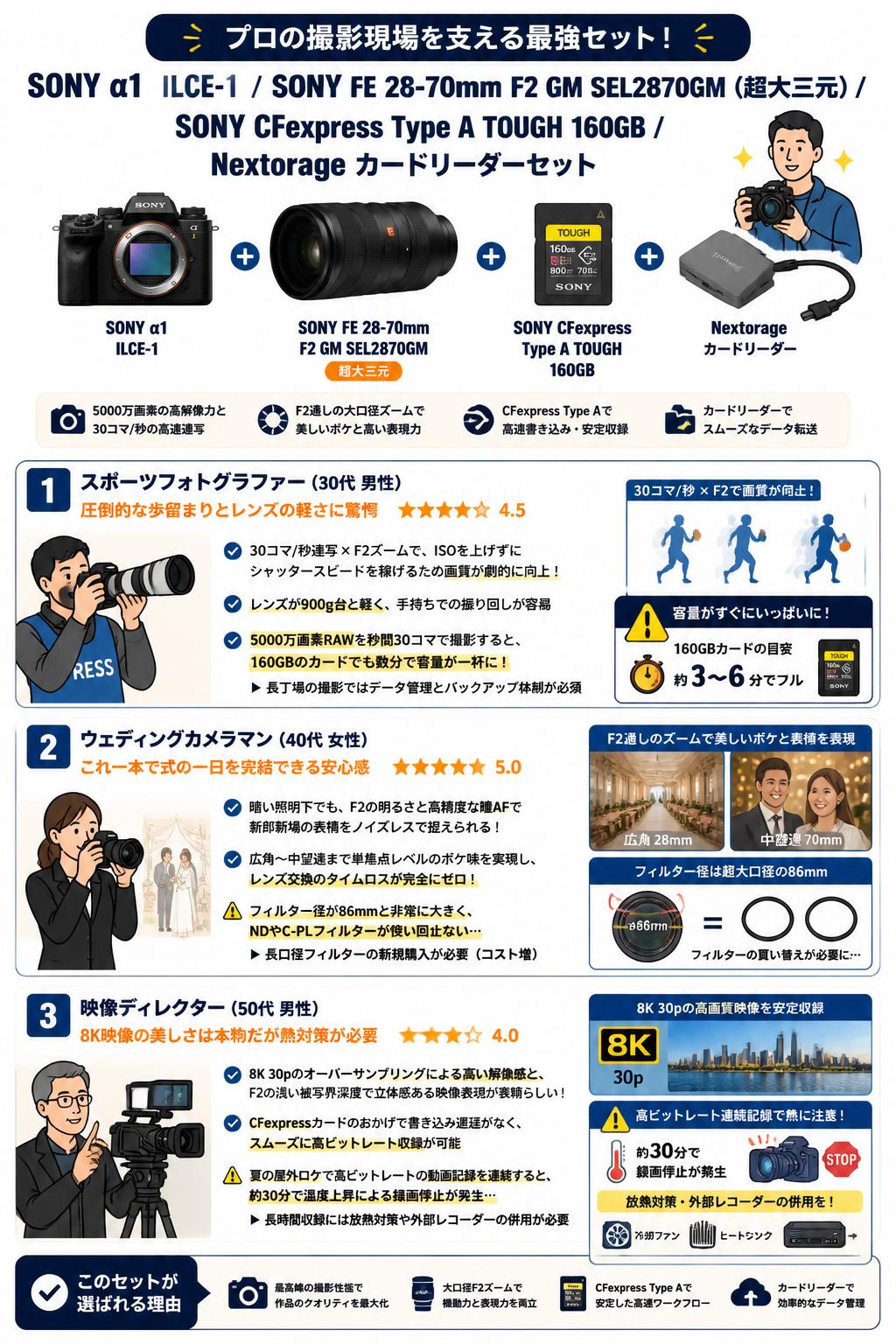 SONY α1 ILCE-1 / SONY FE 28-70mm F2 GM SEL2870GM（超大三元）/ SONY CFexpress Type A TOUGH 160GB / Nextorage カードリーダーセット インターネット上のお客様の声（評判）