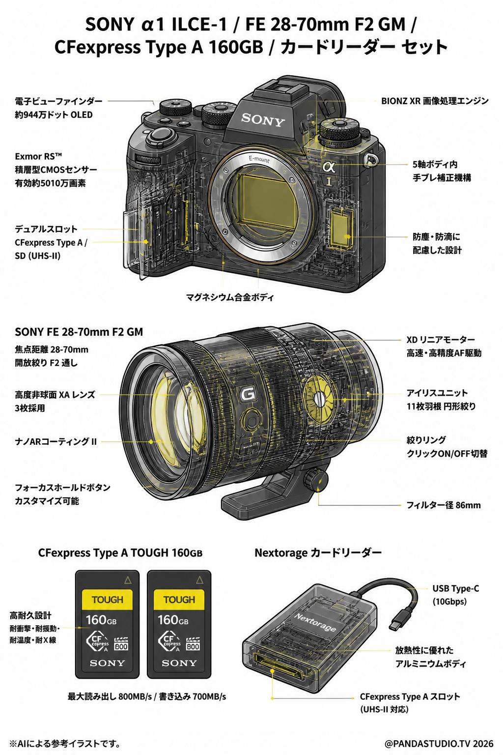SONY α1 ILCE-1 / SONY FE 28-70mm F2 GM SEL2870GM（超大三元）/ SONY CFexpress Type A TOUGH 160GB / Nextorage カードリーダーセット スペック