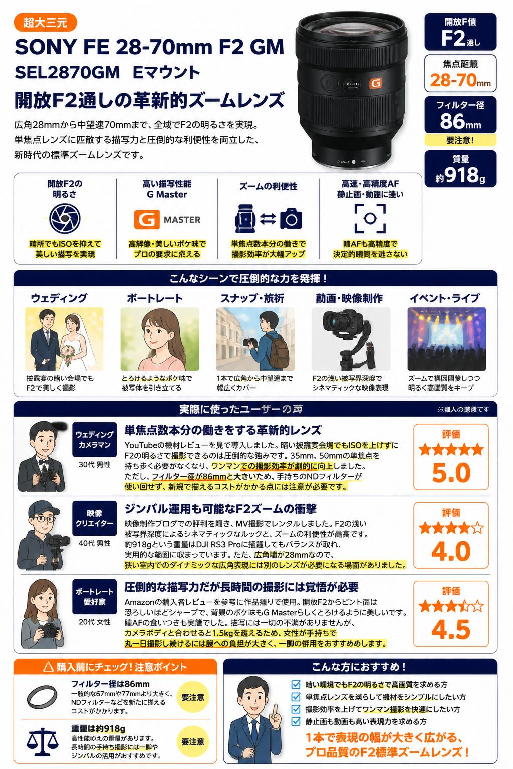 SONY FE 28-70mm F2 GM SEL2870GM 超大三元 Eマウント インターネット上のお客様の声（評判）