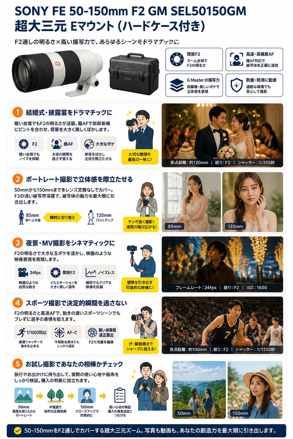 SONY FE 50-150mm F2 GM SEL50150GM 超大三元 Eマウント（ハードケース付き） 用途