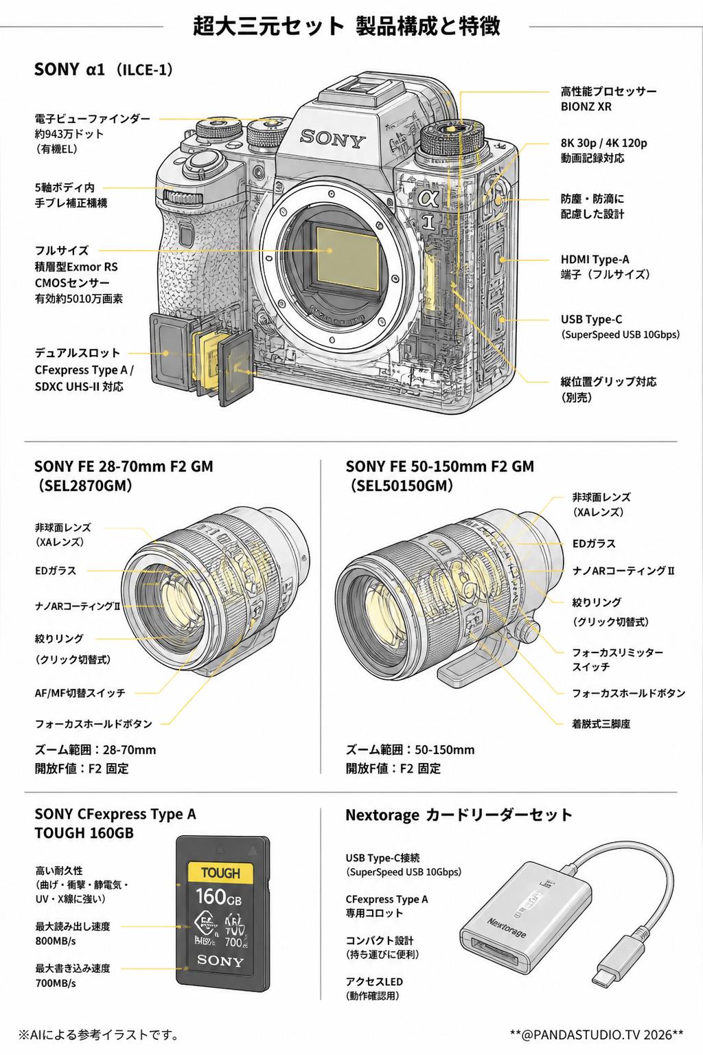 SONY α1 ILCE-1 / SONY FE 28-70mm F2 GM SEL2870GM / SONY FE 50-150mm F2 GM SEL50150GM（超大三元セット）/ SONY CFexpress Type A TOUGH 160GB / Nextorage カードリーダーセット スペック