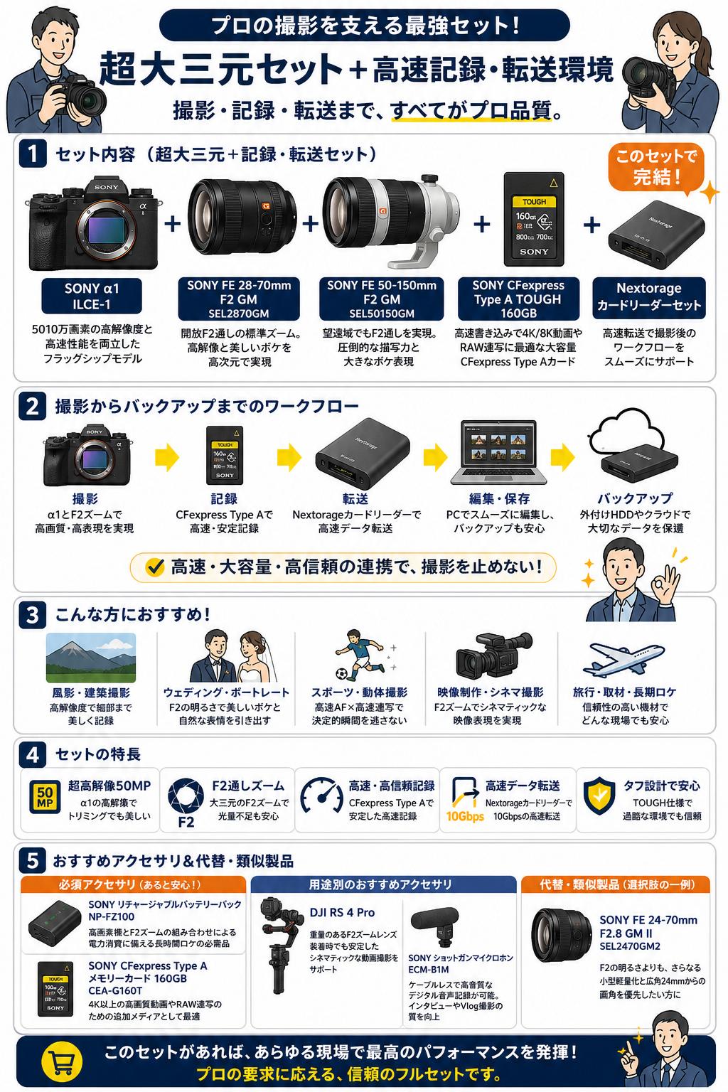 SONY α1 ILCE-1 / SONY FE 28-70mm F2 GM SEL2870GM / SONY FE 50-150mm F2 GM SEL50150GM（超大三元セット）/ SONY CFexpress Type A TOUGH 160GB / Nextorage カードリーダーセット 関連機器・周辺機器