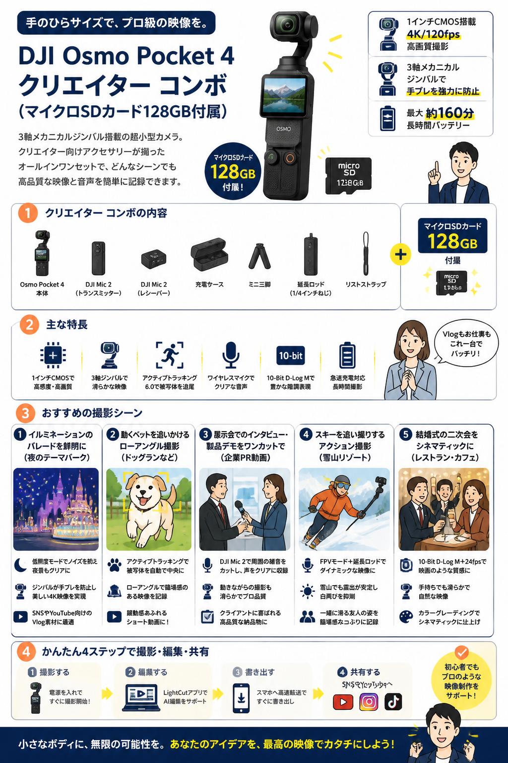 DJI Osmo Pocket 4 クリエイター コンボ (マイクロSDカード128GB付属) 用途
