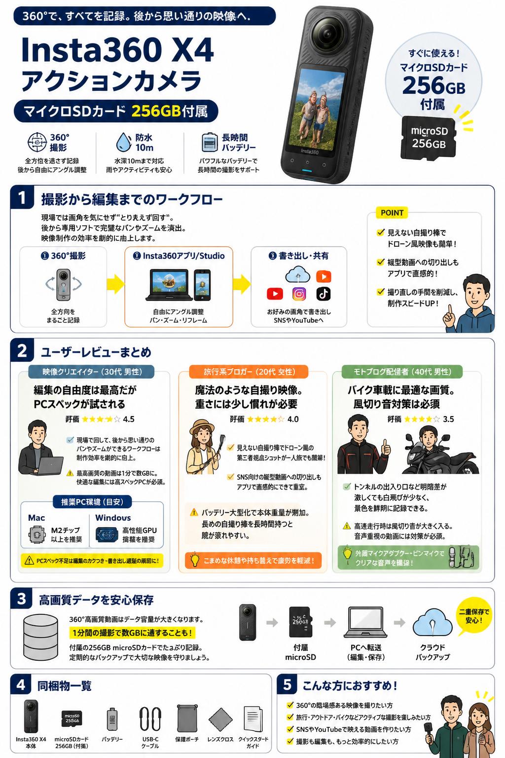 Insta360 X4 アクションカメラ  (マイクロSDカード 256GB付属） インターネット上のお客様の声（評判）