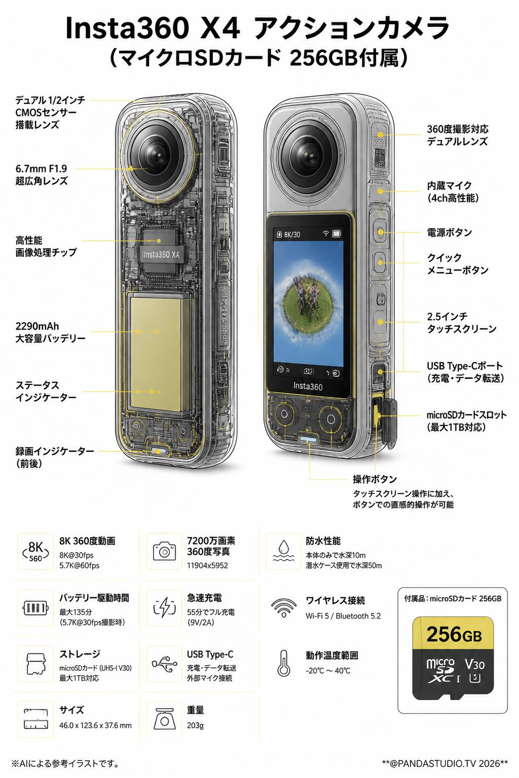 Insta360 X4 アクションカメラ  (マイクロSDカード 256GB付属） スペック
