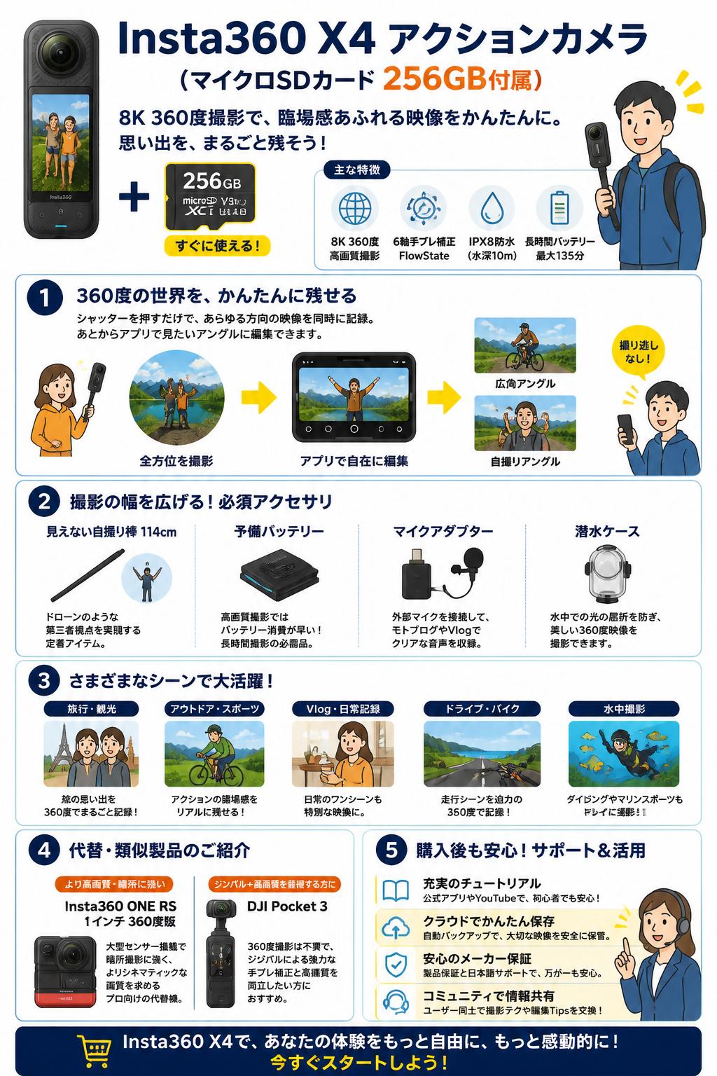 Insta360 X4 アクションカメラ  (マイクロSDカード 256GB付属） 関連機器・周辺機器