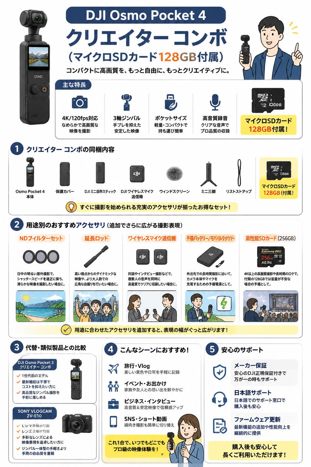DJI Osmo Pocket 4 クリエイター コンボ (マイクロSDカード128GB付属) 関連機器・周辺機器