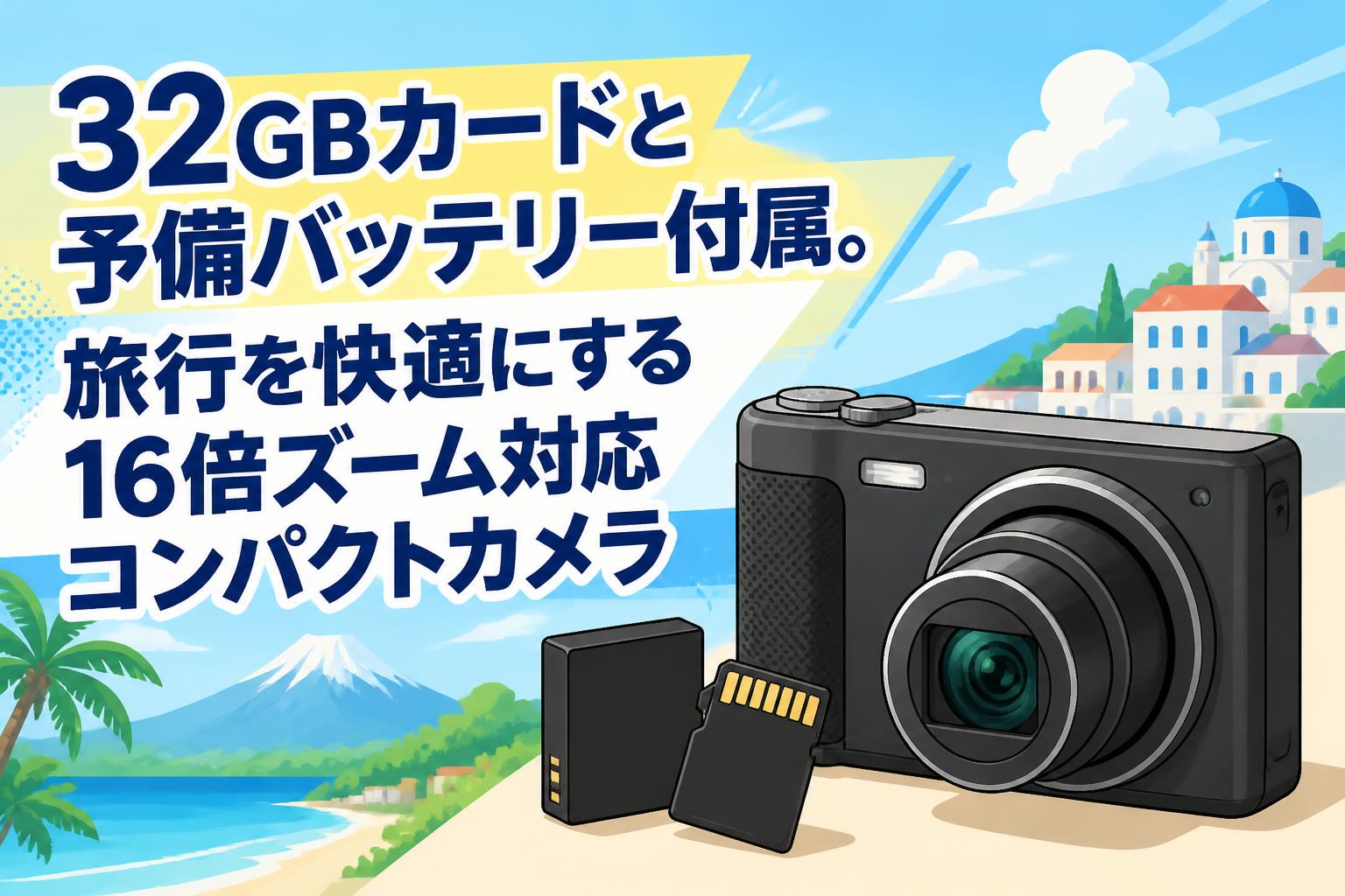 32GBカードと予備バッテリー付属。旅行を快適にする16倍ズーム対応コンパクトカメラ