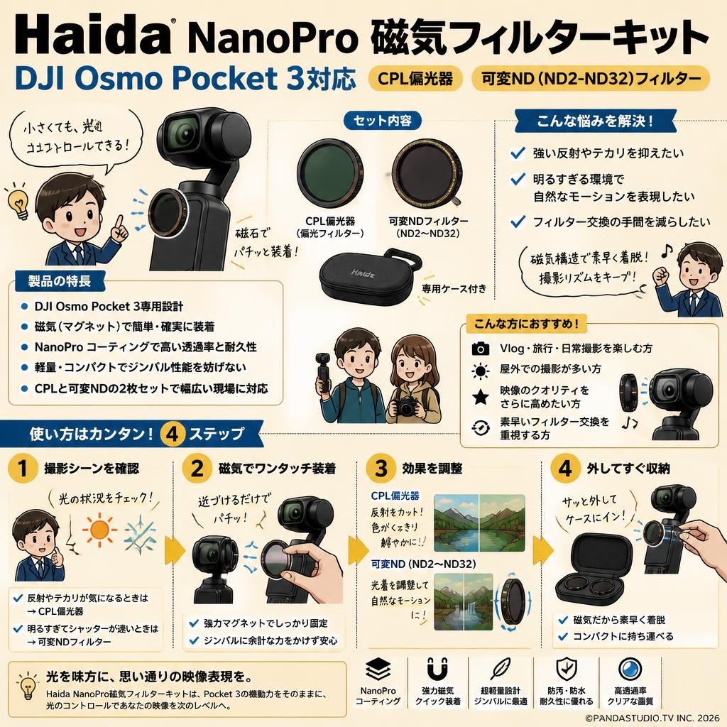 Haida NanoPro 磁気フィルターキット DJI Osmo Pocket 3対応 CPL偏光器、可変ND (ND2-ND32)フィルター 概要