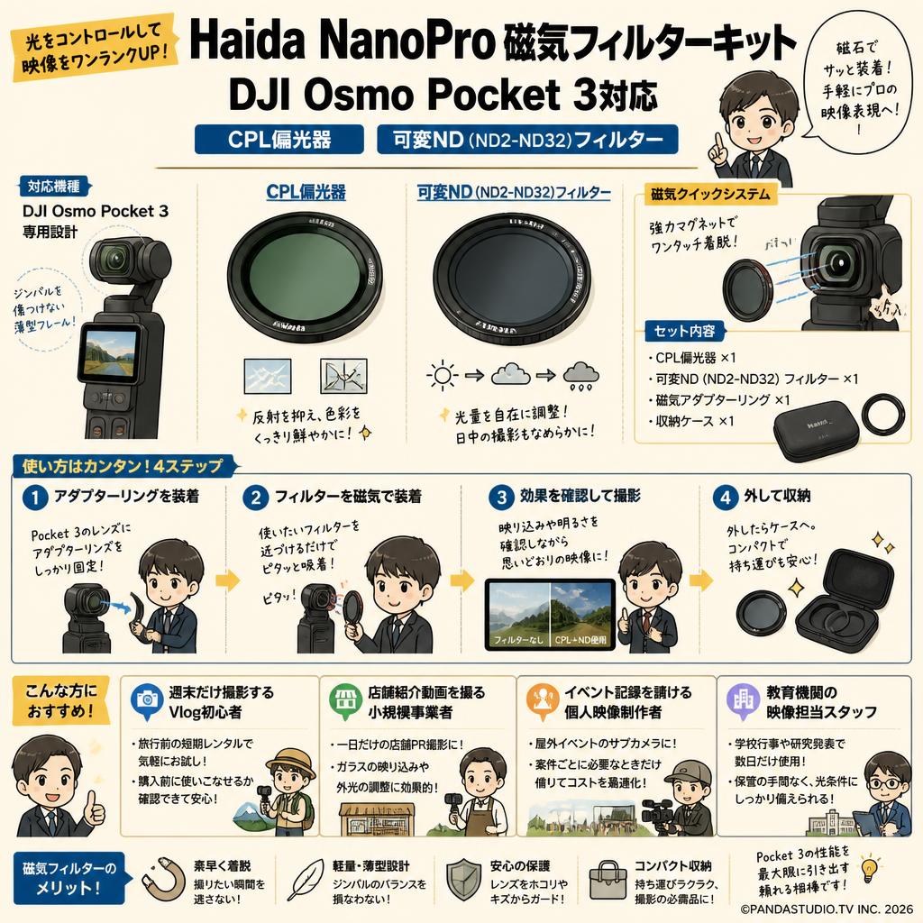 Haida NanoPro 磁気フィルターキット DJI Osmo Pocket 3対応 CPL偏光器、可変ND (ND2-ND32)フィルター おもな対象のお客様
