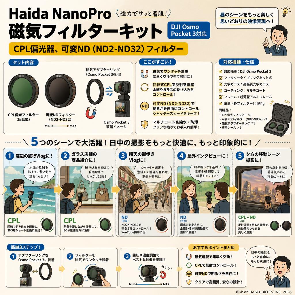 Haida NanoPro 磁気フィルターキット DJI Osmo Pocket 3対応 CPL偏光器、可変ND (ND2-ND32)フィルター 用途