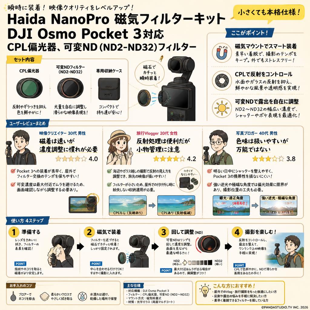 Haida NanoPro 磁気フィルターキット DJI Osmo Pocket 3対応 CPL偏光器、可変ND (ND2-ND32)フィルター インターネット上のお客様の声（評判）