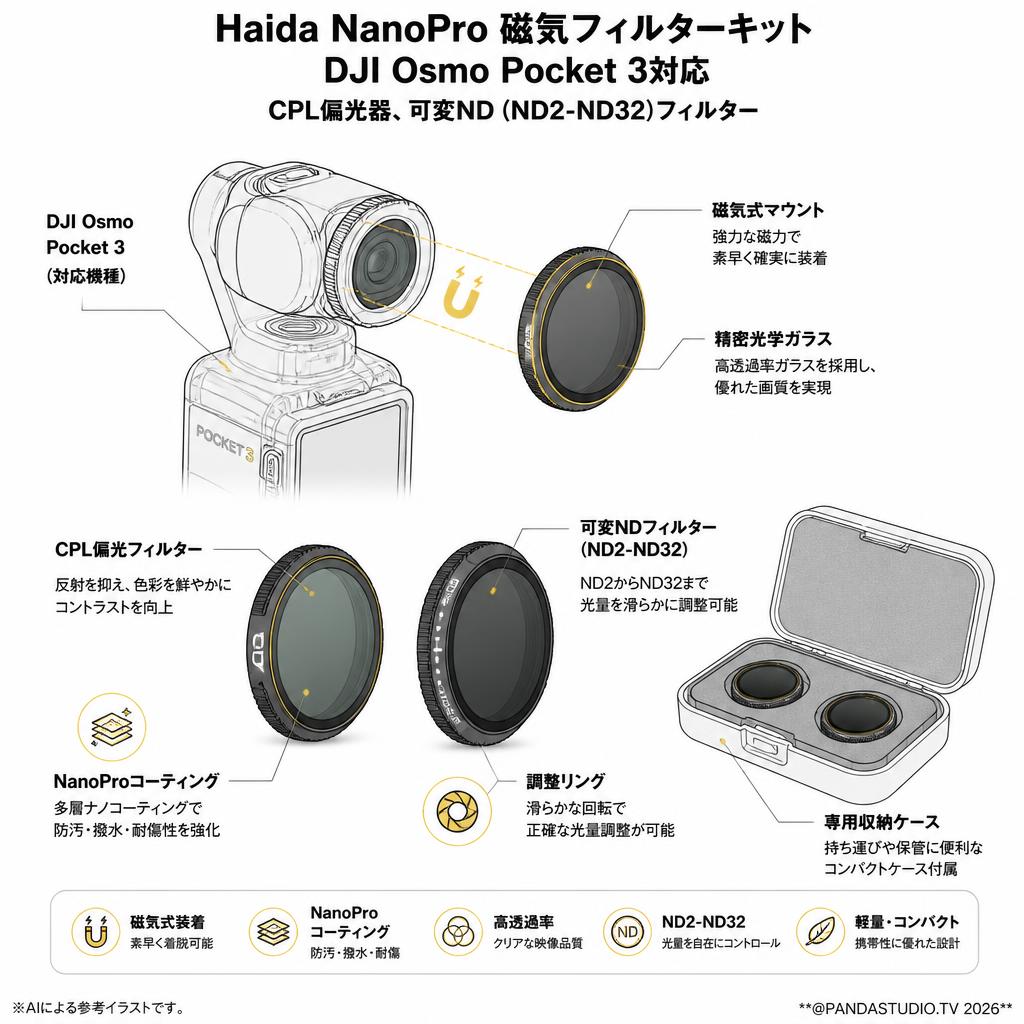 Haida NanoPro 磁気フィルターキット DJI Osmo Pocket 3対応 CPL偏光器、可変ND (ND2-ND32)フィルター スペック