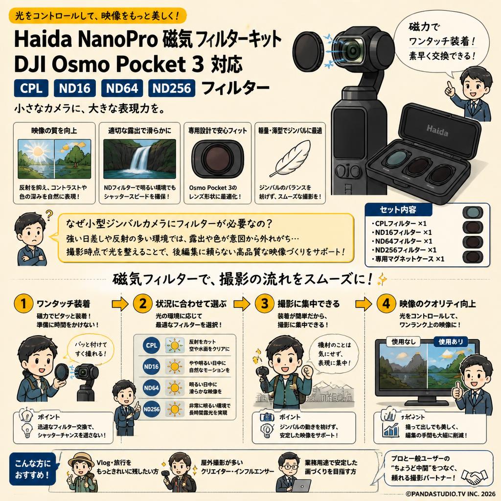 Haida NanoPro 磁気フィルターキット DJI Osmo Pocket 3対応  CPL ND16 ND64 ND256 フィルター 概要