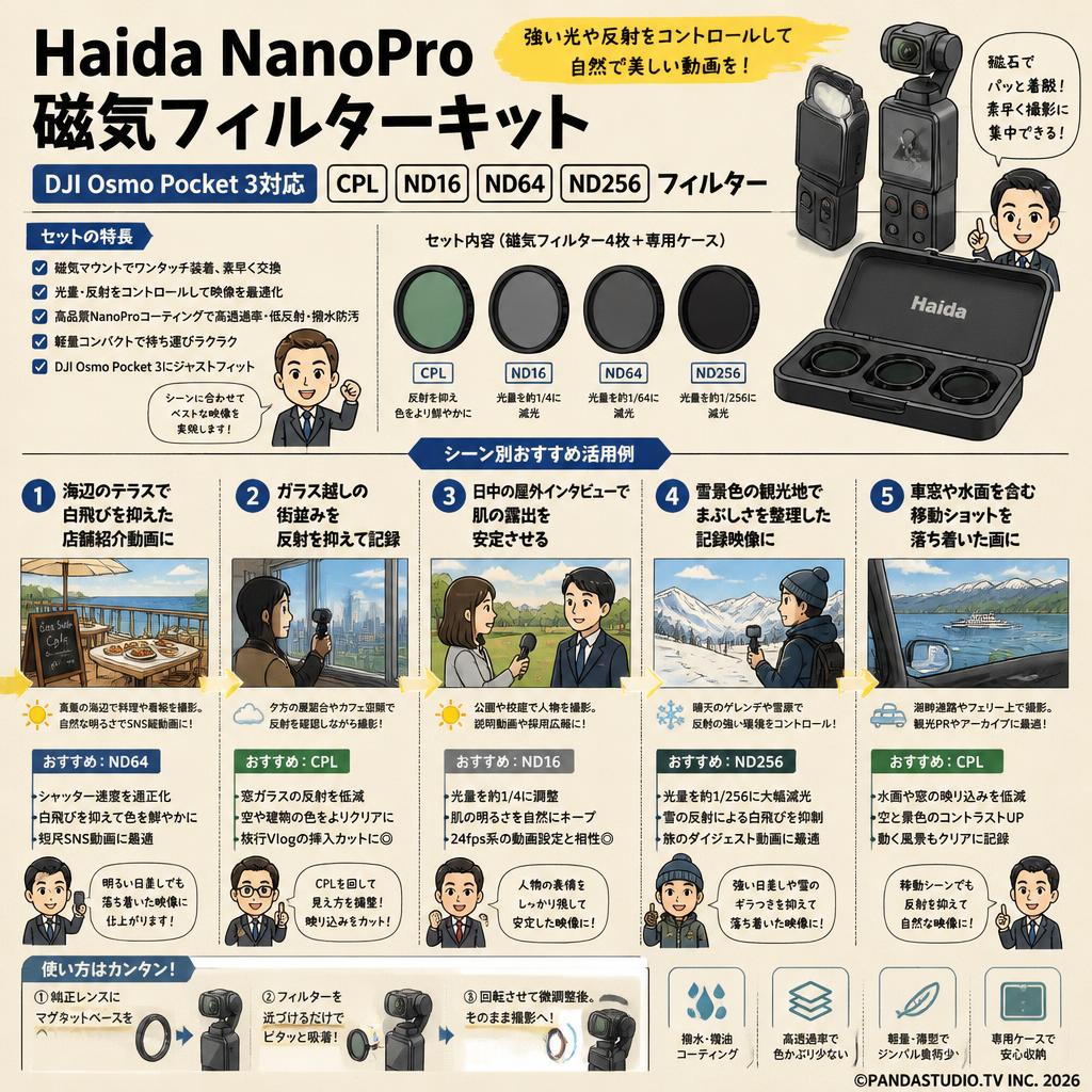 Haida NanoPro 磁気フィルターキット DJI Osmo Pocket 3対応  CPL ND16 ND64 ND256 フィルター 用途