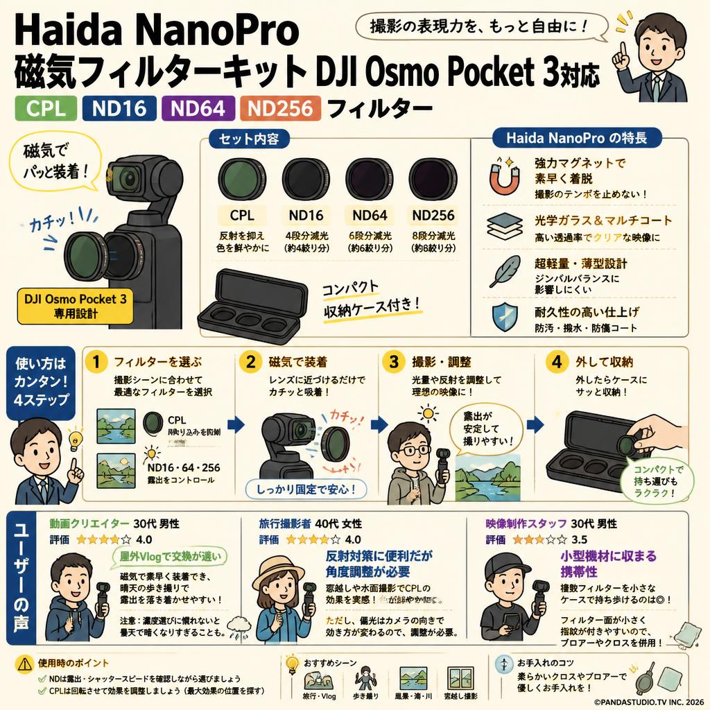 Haida NanoPro 磁気フィルターキット DJI Osmo Pocket 3対応  CPL ND16 ND64 ND256 フィルター インターネット上のお客様の声（評判）