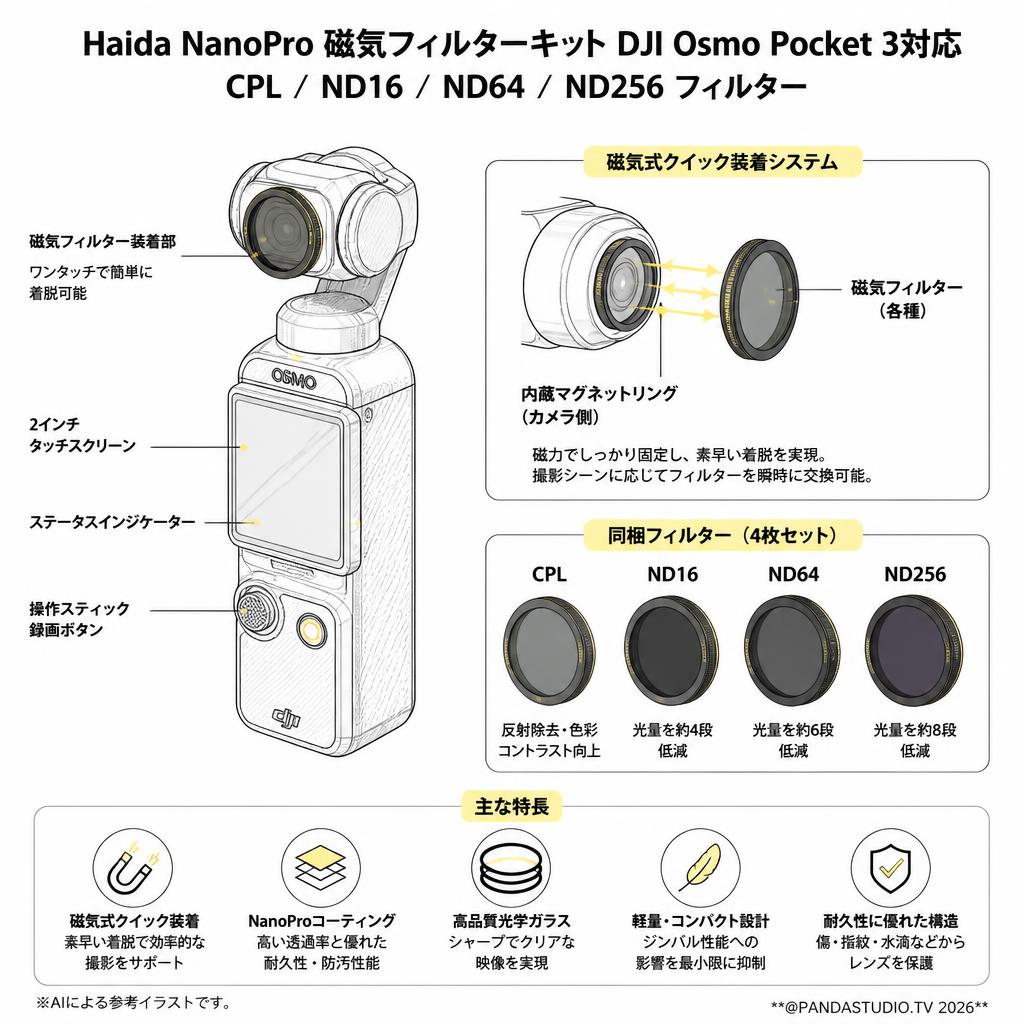 Haida NanoPro 磁気フィルターキット DJI Osmo Pocket 3対応  CPL ND16 ND64 ND256 フィルター スペック