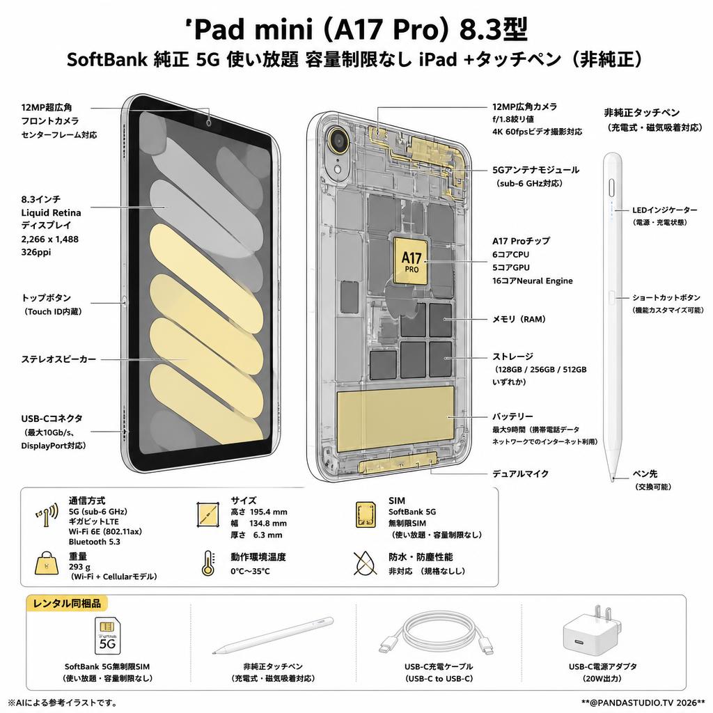 iPad mini (A17 Pro) 8.3型 SoftBank 純正 5G 使い放題 容量制限なし iPad タッチペン（非純正） スペック