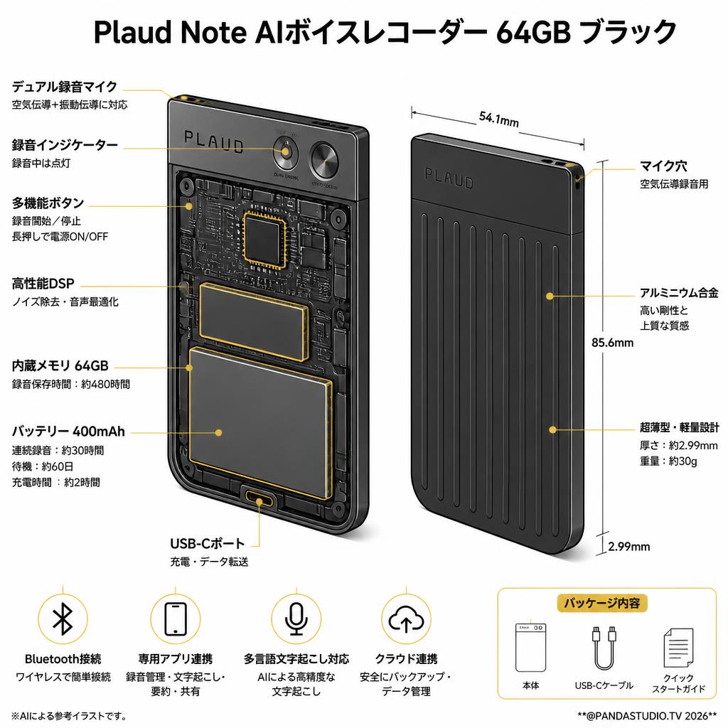 Plaud Note AIボイスレコーダー 64GB ブラック スペック