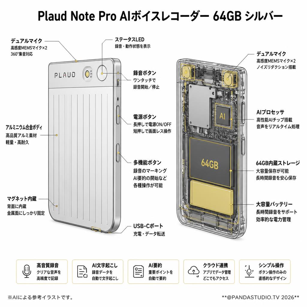 Plaud Note Pro AIボイスレコーダー 64GB シルバー スペック