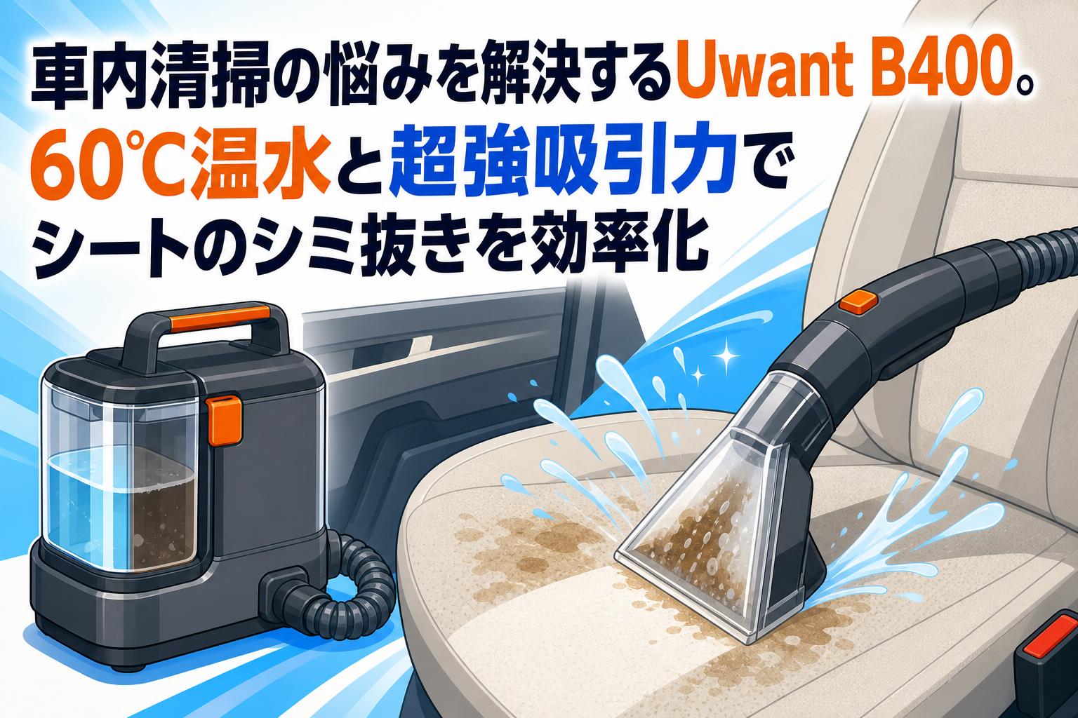 車内清掃の悩みを解決するUwant B400。60℃温水と超強吸引力でシートのシミ抜きを効率化