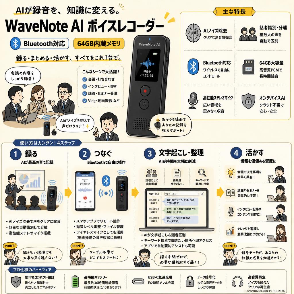 WaveNote AI ボイスレコーダー Bluetooth対応 64GBデジタルオーディオレコーダー 概要