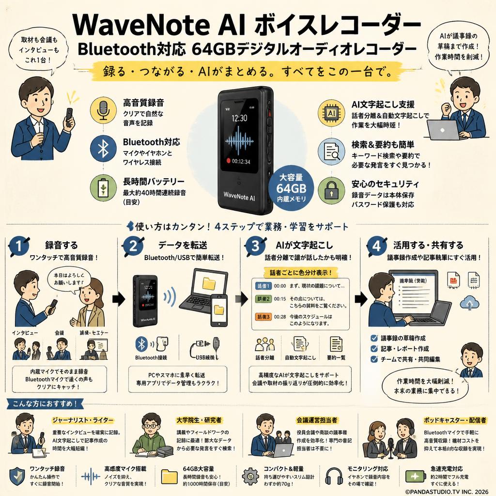 WaveNote AI ボイスレコーダー Bluetooth対応 64GBデジタルオーディオレコーダー おもな対象のお客様