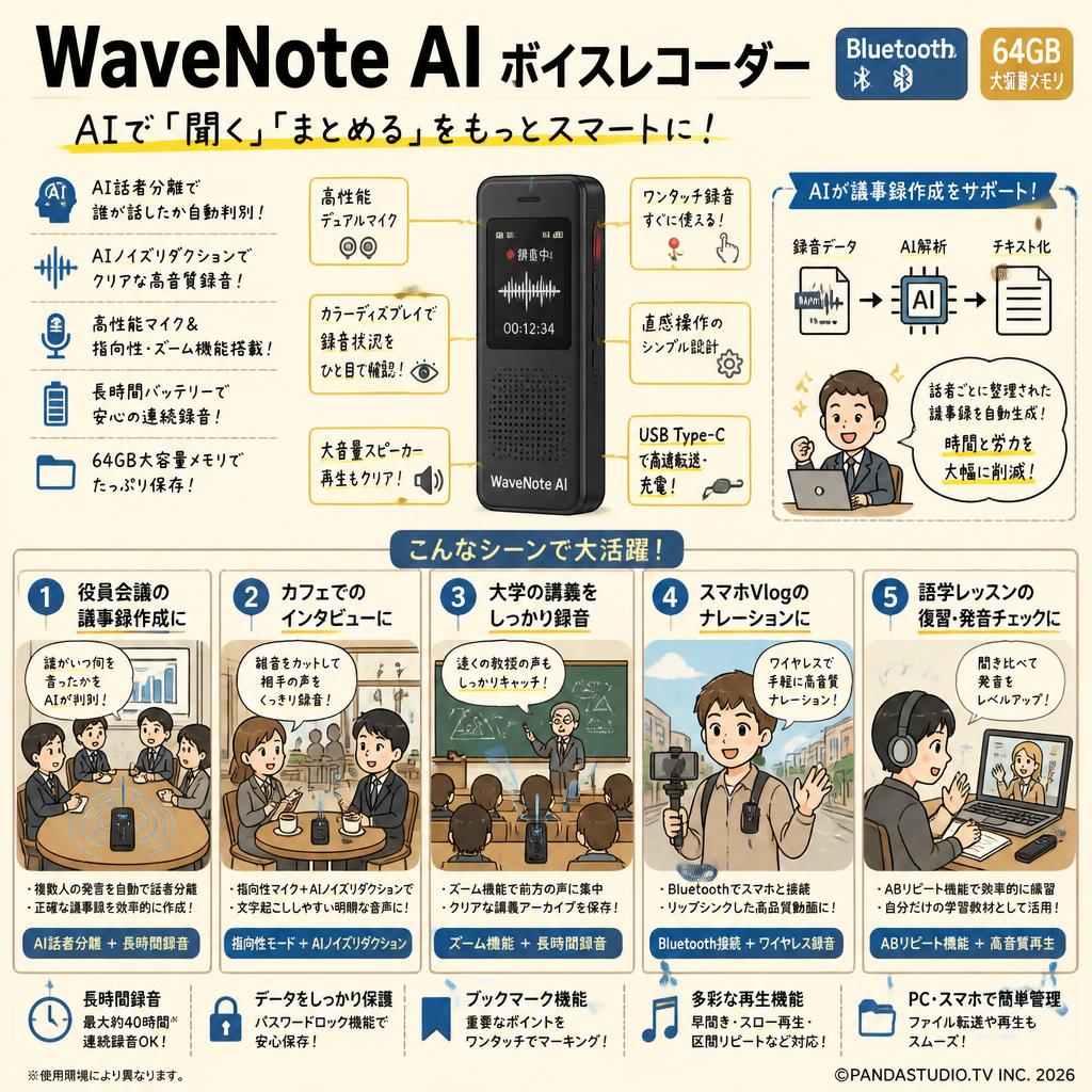 WaveNote AI ボイスレコーダー Bluetooth対応 64GBデジタルオーディオレコーダー 用途
