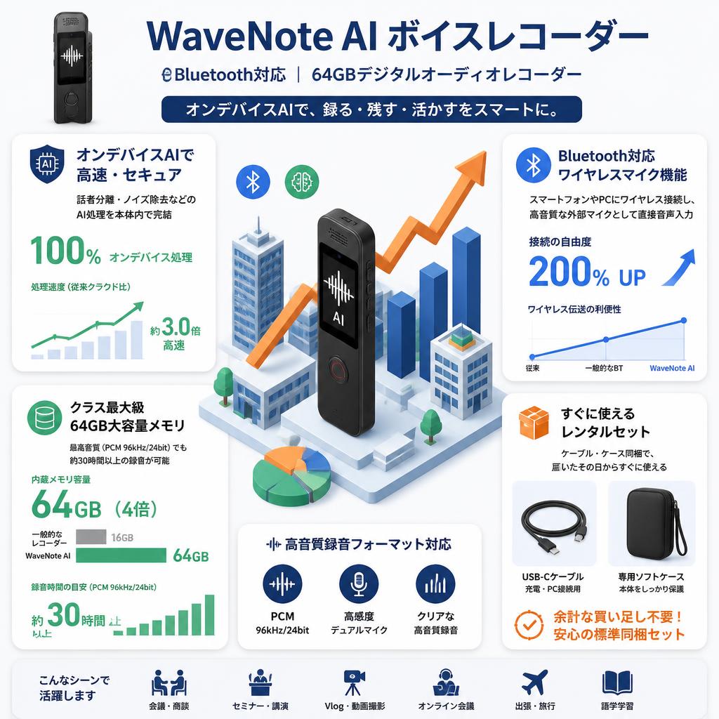 WaveNote AI ボイスレコーダー Bluetooth対応 64GBデジタルオーディオレコーダー セールスポイント