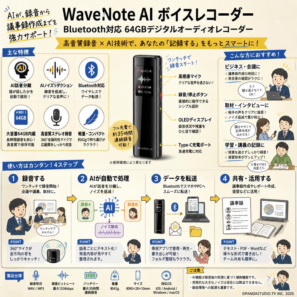 WaveNote AI ボイスレコーダー Bluetooth対応 64GBデジタルオーディオレコーダー インターネット上のお客様の声（評判）