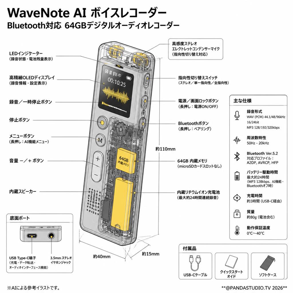 WaveNote AI ボイスレコーダー Bluetooth対応 64GBデジタルオーディオレコーダー スペック