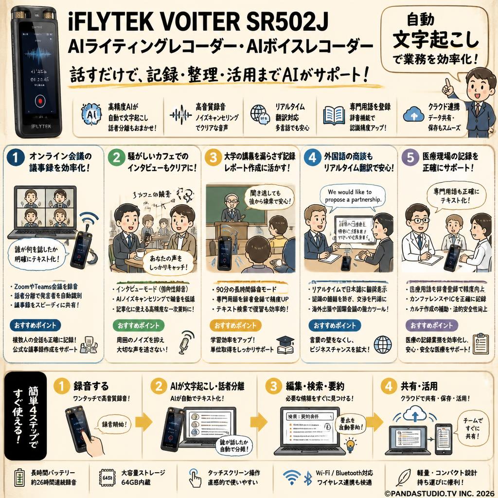 iFLYTEK VOITER SR502J AIライティングレコーダー・AIボイスレコーダー 自動 文字起こし 用途