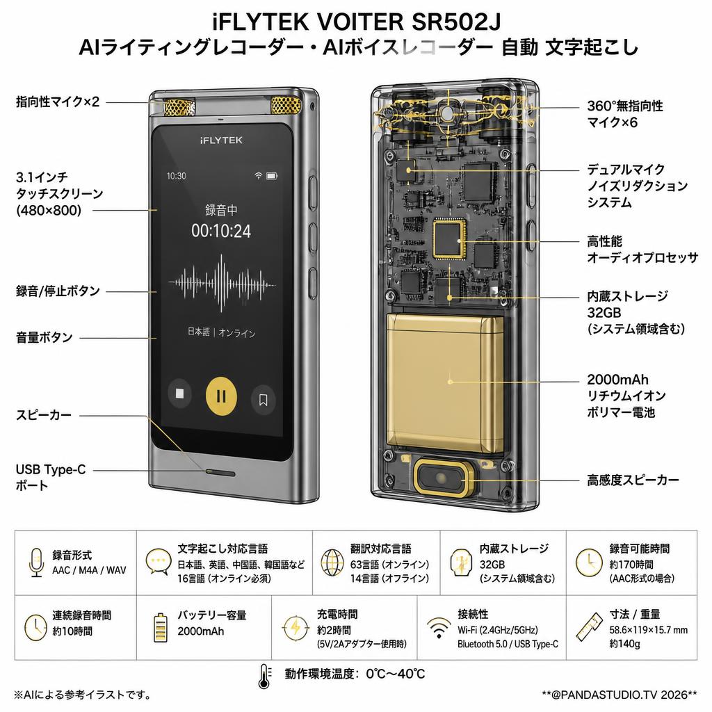 iFLYTEK VOITER SR502J AIライティングレコーダー・AIボイスレコーダー 自動 文字起こし スペック